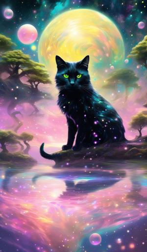 3 Floating Islands With iridescent rain forest sits a medium Black cat with greenish yellow eyes and pink and greyish silver swirled pattern fur looking out into the fantasy galaxy sky with 3 iridescence moons, and sparkling stars 