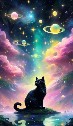 3 Floating Islands With iridescent rain forest sits a medium Black cat with greenish yellow eyes and pink and greyish silver swirled pattern fur looking out into the fantasy galaxy sky with 3 iridescence moons, and sparkling stars 