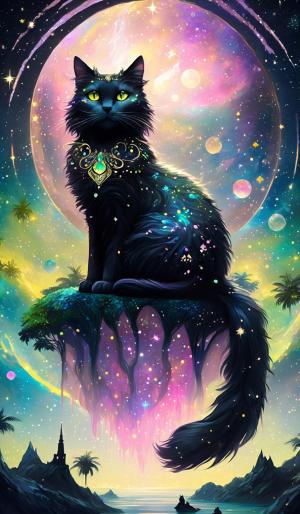 3 Floating Islands With iridescent rain forest sits a medium Black cat with greenish yellow eyes and pink and greyish silver swirled pattern fur looking out into the fantasy galaxy sky with 3 iridescence moons, and sparkling stars 