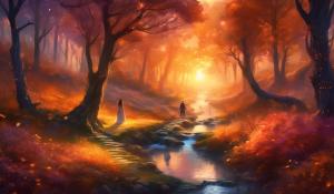 Forest path ,fall season, creek waterflow,a couple together in sunset