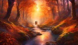 Forest path ,fall season, creek waterflow,a couple together in sunset