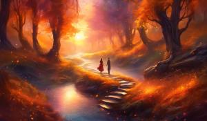 Forest path ,fall season, creek waterflow,a couple together in sunset