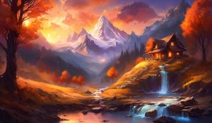 Mountain, Sunset, fall season, creek waterfall,cabin