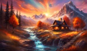 Mountain, Sunset, fall season, creek waterfall,cabin