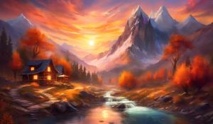 Mountain, Sunset, fall season, creek waterfall,cabin