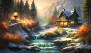 Winter sun rise, creek waterfall, floral,green pines, fall bush colors, stone cabin, lantern, hourse, 