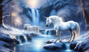 Sparkling Winter moonlit, creek waterfall to rocky pond with catailes, albino unicorn pegasis horse drinkin at edge ,