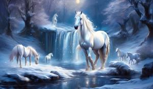 Sparkling Winter moonlit, creek waterfall to rocky pond with catailes, albino unicorn pegasis horse drinkin at edge ,