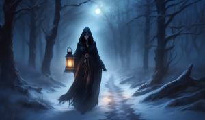 Dark spooky winter trail,with grim reaper woman, holden lantern, parting robe