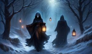 Dark spooky winter trail,with grim reaper woman, holden lantern, parting robe