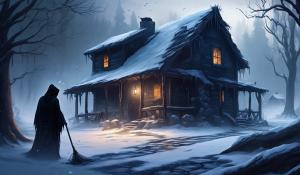 Spooky winter dark, grim reaper with syckle,cobble stoned cabin 