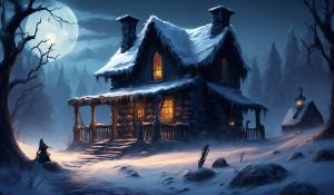 Spooky winter dark, grim reaper with syckle,cobble stoned cabin 