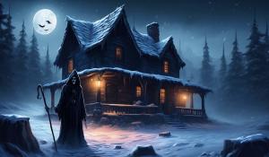 Spooky winter dark, grim reaper with syckle,cobble stoned cabin 