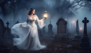 Curvy woman, fog, night, white Victorian dress made of thin fabric, elegant corset, old cemetery, disheveled hair, oil lamp in hand, Christian silver jewelry