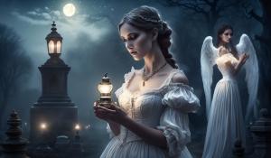 At night, moonlight, fog, old cemetery, female cemetery angel, two anxious women arm in arm, first woman curvy Victorian maid with pigtails and oil lamp in hand, second woman elegant lady with white Victorian dress corset lots of jewelry