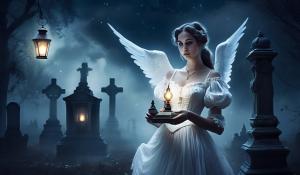 At night, moonlight, fog, old cemetery, female cemetery angel, two anxious women arm in arm, first woman curvy Victorian maid with pigtails and oil lamp in hand, second woman elegant lady with white Victorian dress corset lots of jewelry