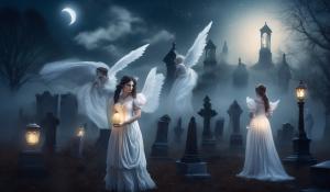 At night, moonlight, fog, old cemetery, female cemetery angel, two anxious women arm in arm, first woman curvy Victorian maid with pigtails and oil lamp in hand, second woman elegant lady with white Victorian dress corset lots of jewelry