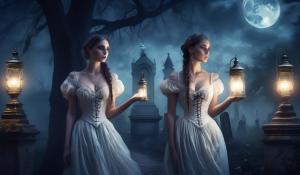 At night, moonlight, fog, old cemetery, two anxious women arm in arm, first woman curvy Victorian maid with braids and oil lamp in hand, second woman elegant lady with white Victorian dress corset lots of jewelry