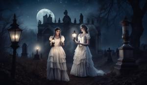 At night, moonlight, fog, old cemetery, two anxious women arm in arm, first woman curvy Victorian maid in classic lace French maid costume with braids and oil lamp in hand, second woman elegant lady with white Victorian dress corset lots of jewelry