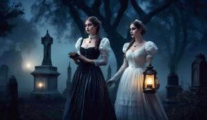 At night, moonlight, fog, old cemetery, two anxious women arm in arm, first woman curvy Victorian maid in classic lace French maid costume with braids and oil lamp in hand, second woman elegant lady with white Victorian dress corset lots of jewelry