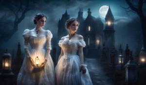 At night, moonlight, fog, old cemetery, two anxious women arm in arm, first woman curvy Victorian maid in classic lace French maid costume with braids and oil lamp in hand, second woman elegant lady with white Victorian dress corset lots of jewelry