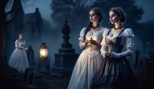 At night, moonlight, fog, old cemetery, two anxious women arm in arm, first woman curvy Victorian maid in classic lace French maid costume with braids and oil lamp in hand, second woman elegant lady with white Victorian dress corset lots of jewelry