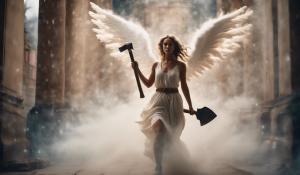 light Godess angel with ax in both hands runing out cloud doors