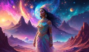 Stary nebular dressed mexican godess in galactic skully ground landscape