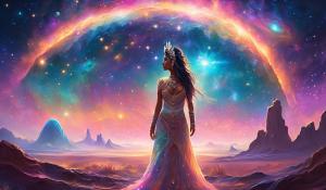 Stary nebular dressed mexican godess in galactic skully ground landscape