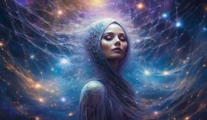 Nebular woman draped in galactic webs in skully ground