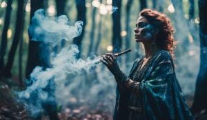 Galactic aromatic battle mage woman laced in smoke whisp boney forest