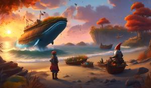 Ark ascended, fall sunset, gnome woman,velosaurs, whale,toy boat,shore line 