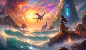 Ark ascended,fall sunset,gnome battle mage woman,ocean shore, dinos, nebular,