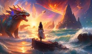 Ark ascended,fall sunset,gnome battle mage woman,ocean shore, dinos, nebular,