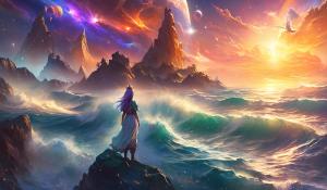 Ark ascended,fall sunset,gnome battle mage woman,ocean shore, dinos, nebular,