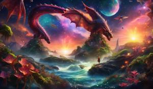 Ark ascended,nebula fall sunset, swallowed by dragon,ocean shore, jumping fish,wild carnivoris plants,