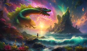 Ark ascended,nebula fall sunset, swallowed by dragon,ocean shore, jumping fish,wild carnivoris plants,