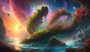 Ark ascended,nebula fall sunset, swallowed by dragon,ocean shore, jumping fish,wild carnivoris plants,