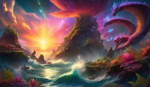 Ark ascended,nebula fall sunset, swallowed by dragon,ocean shore, jumping fish,wild carnivoris plants,