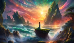 Ark ascended,nebular fall sunset,bloody ocean shore, mossy rock,dino dragons,godess woman,