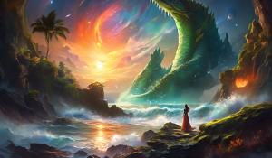 Ark ascended,nebular fall sunset,bloody ocean shore, mossy rock,dino dragons,godess woman,