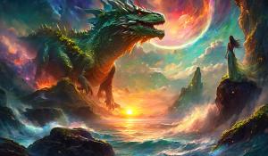 Ark ascended,nebular fall sunset,bloody ocean shore, mossy rock,dino dragons,godess woman,