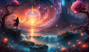 Nebular fall ocean sunset,cloudy, alot of animals, witchess with stary twisted claw staff,webbed  heart dripping to  pond,growing bleeding rose vine,