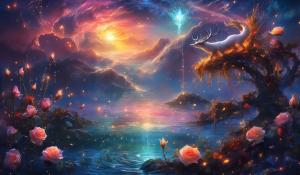 Nebular fall ocean sunset,cloudy, alot of animals, witchess with stary twisted claw staff,webbed  heart dripping to  pond,growing bleeding rose vine,