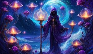 Nebular flamen skeletal hooded,harvest sythed orb staff vine, mountainous ocean solid waves,under water reif ,stary jellyfish roses, black purple blue white candles,open handed eye palm,giants back with tiny angel whispers, flying music symbols, 