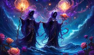 Nebular flamen skeletal hooded,harvest sythed orb staff vine, mountainous ocean solid waves,under water reif ,stary jellyfish roses, black purple blue white candles,open handed eye palm,giants back with tiny angel whispers, flying music symbols, 