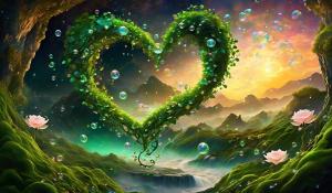 Green ivey rose vine hoody on godess: nebular fall sunset on cloud puffs, carpet moss rocks: floral rocky river: flying heart leafs: split into multi tiny tunnel zoom fantasy worlds,:flying oiled bubbles,