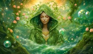 Green ivey rose vine hoody on godess: nebular fall sunset on cloud puffs, carpet moss rocks: floral rocky river: flying heart leafs: split into multi tiny tunnel zoom fantasy worlds,:flying oiled bubbles,