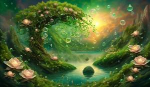 Green ivey rose vine hoody on godess: nebular fall sunset on cloud puffs, carpet moss rocks: floral rocky river: flying heart leafs: split into multi tiny tunnel zoom fantasy worlds,:flying oiled bubbles,