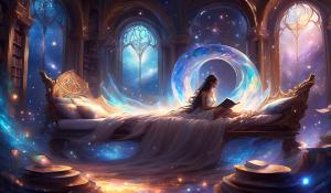 Fantasy female curved bodily nebular bed scattered library: illustrating many magical worlds.